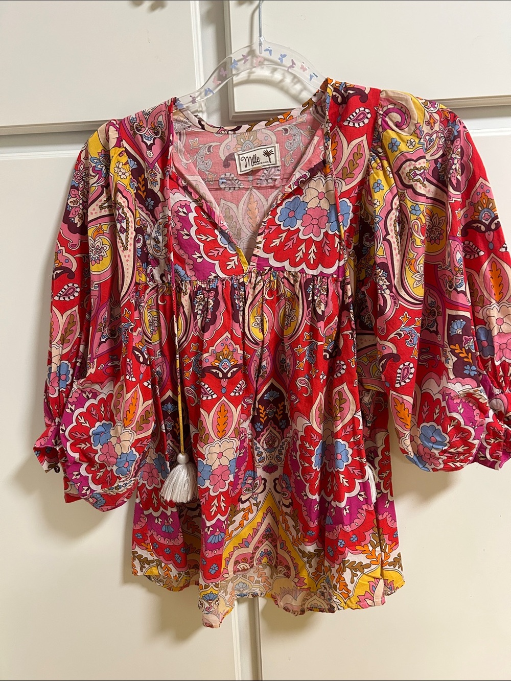 Mille Luxury Resortwear Charlie Red Paisley Cotton Peasant Top XXS